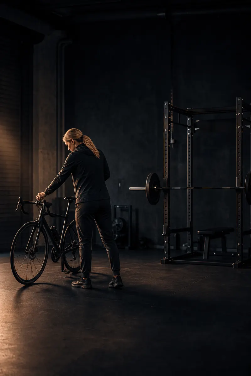 An athlete with a road bike beside a power rack in a dark training space.