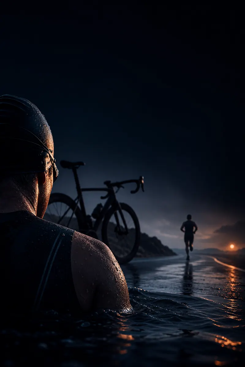 A swimmer in dark water at dusk, with a road bike on the shore and a runner on the road beyond.