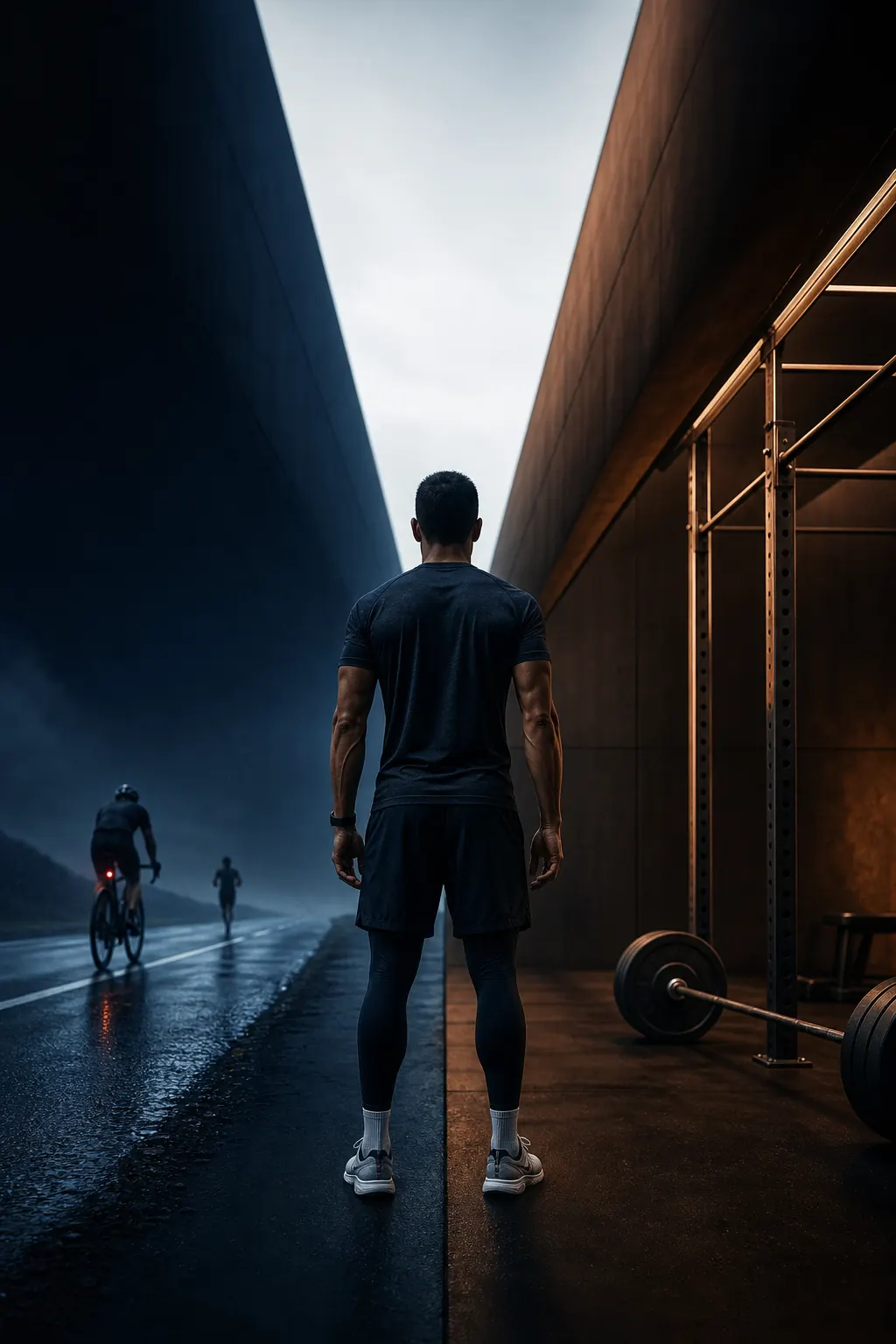 An athlete stands between two walls: a wet road with a cyclist and a runner on the left, a barbell and a rack on the right.