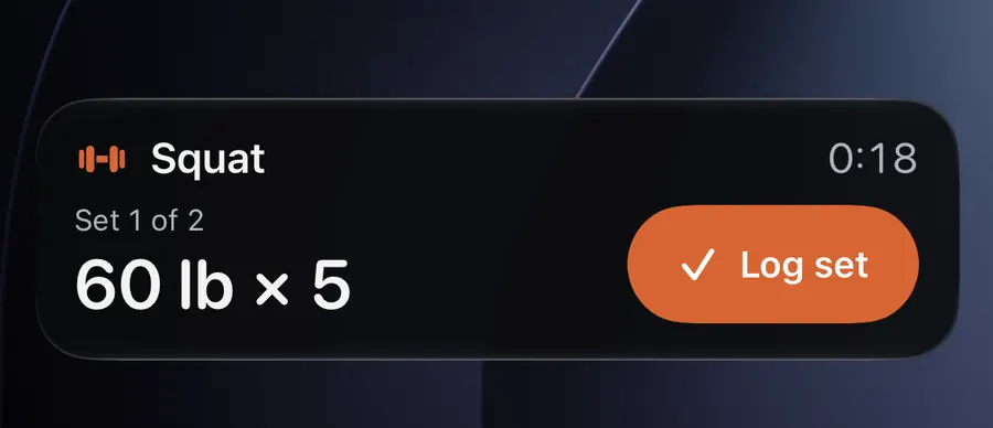 A Live Activity on the Lock Screen: Squat, set 1 of 2, 60 pounds for 5 reps, with a Log set button.