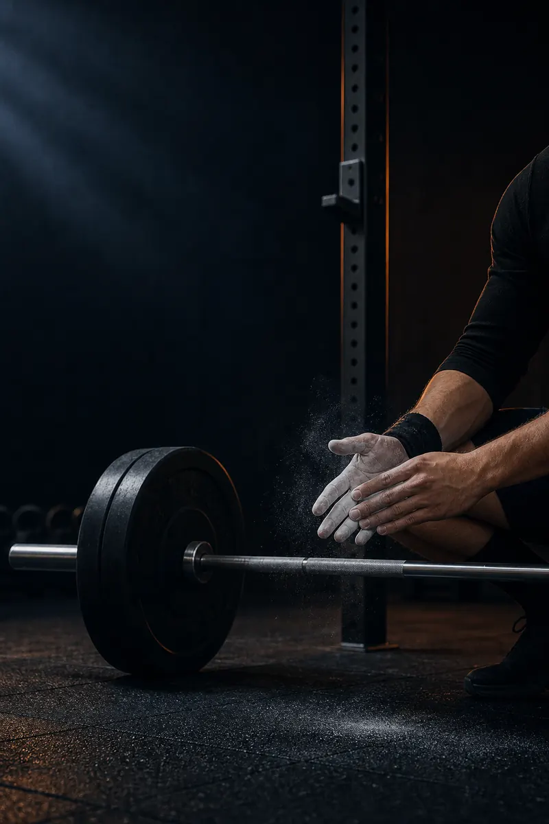 Chalked hands above a loaded barbell in a dark gym.